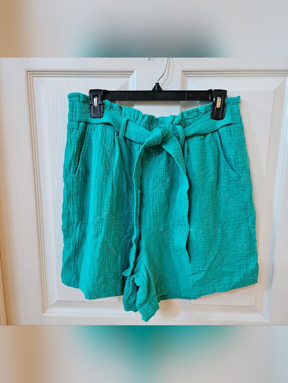 My Danielle Gauze Cotton Shorts L Green Embroidered Boho Tie Waist